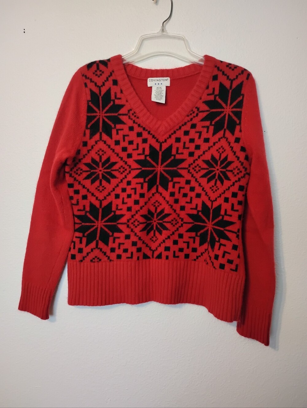 Covington Snowflake Patterned Rabbit Hair Lambswool Blend Long Sleeve V Neck